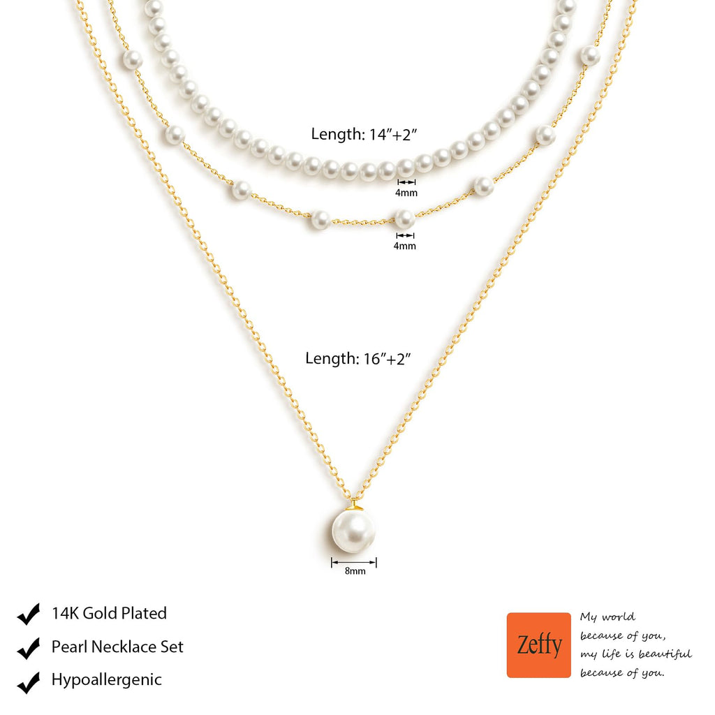 Zeffy Layered Gold Pearl Necklaces for Women 14K Gold Plated Dainty Layered Tiny Single Pearl Choker Trendy Cute Gold Necklace Stack Wedding Jewelry Sets for Women Bridesmaid Gifts