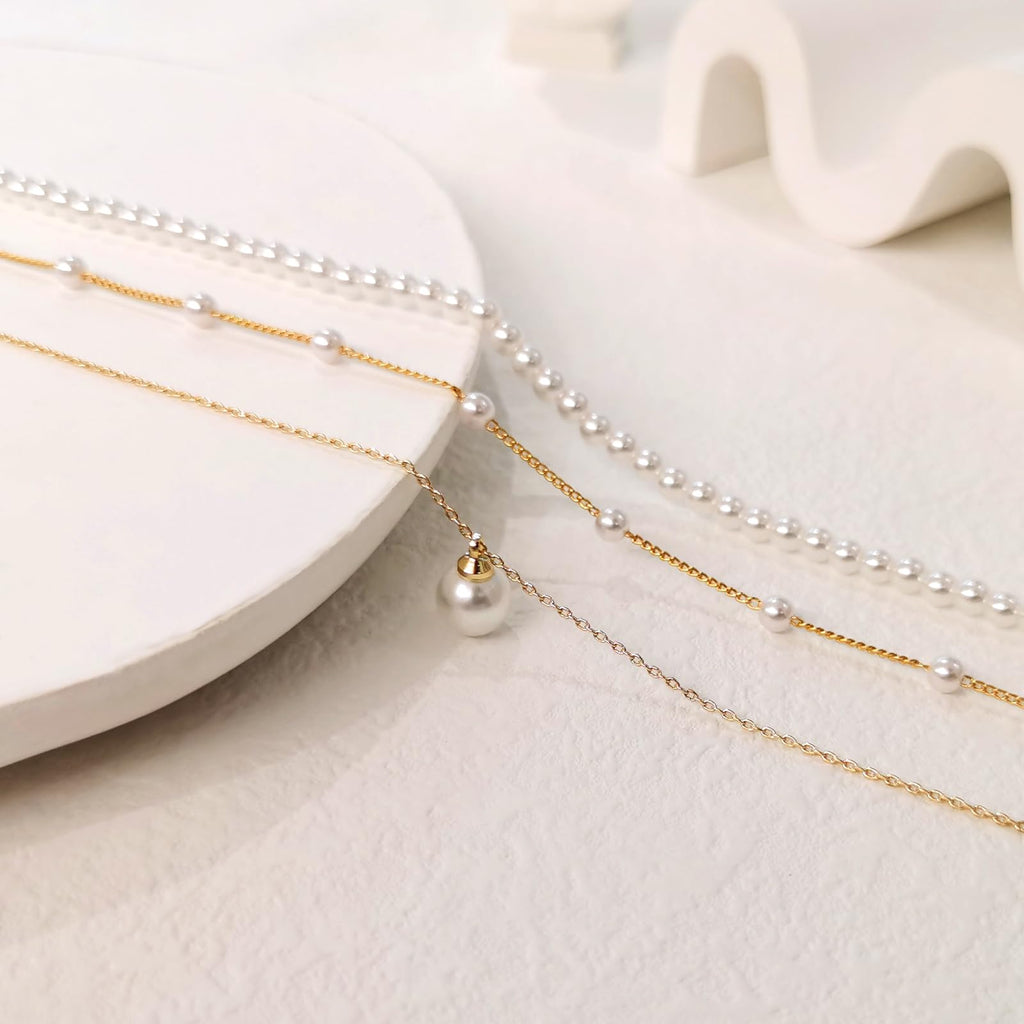 Zeffy Layered Gold Pearl Necklaces for Women 14K Gold Plated Dainty Layered Tiny Single Pearl Choker Trendy Cute Gold Necklace Stack Wedding Jewelry Sets for Women Bridesmaid Gifts