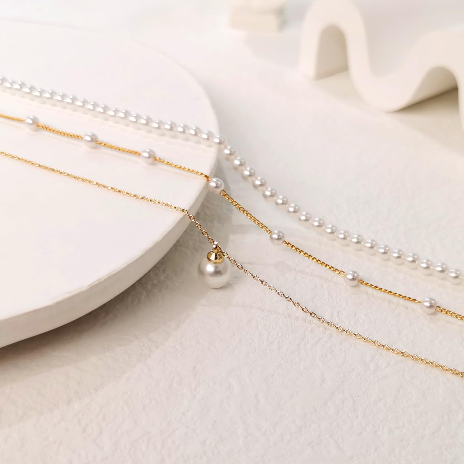 Zeffy Layered Gold Pearl Necklaces for Women 14K Gold Plated Dainty Layered Tiny Single Pearl Choker Trendy Cute Gold Necklace Stack Wedding Jewelry Sets for Women Bridesmaid Gifts