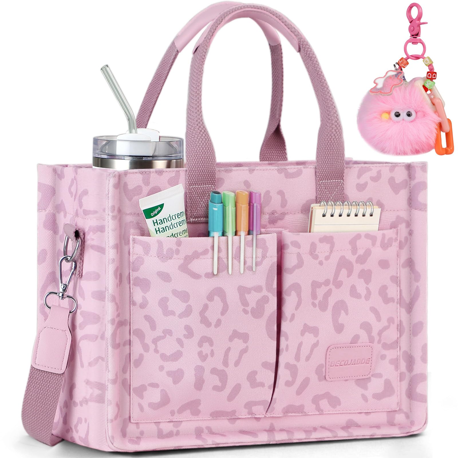 BECOJADDE Structured Canvas Tote Bag for Women, Multi-Compartment Zippered Purse for Work, Bible, Travel, Fits 14/15.6'' Laptop Leopard Pink L