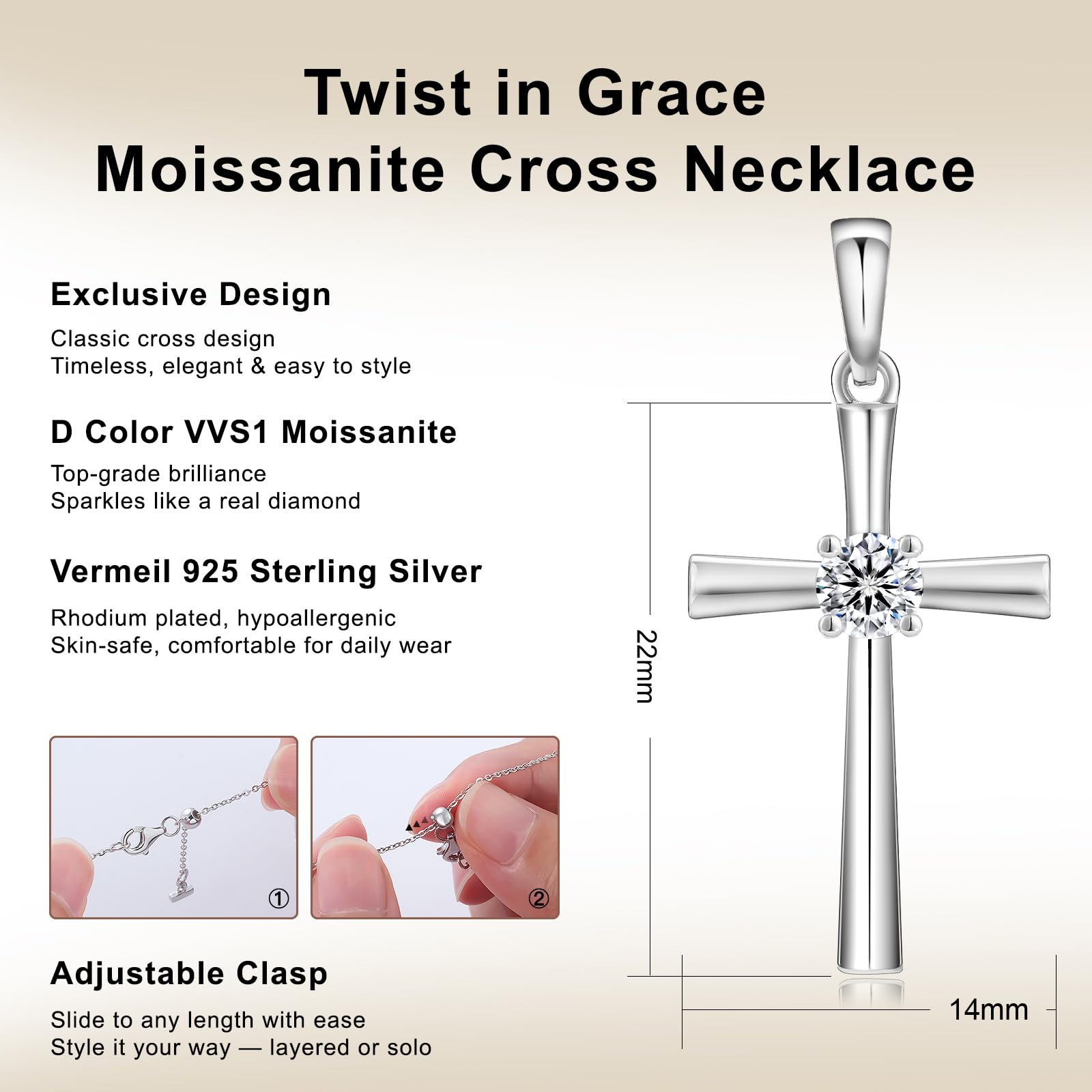 KRKC&CO Moissanite Cross Necklace for Women Hypoallergenic Petite Pendant