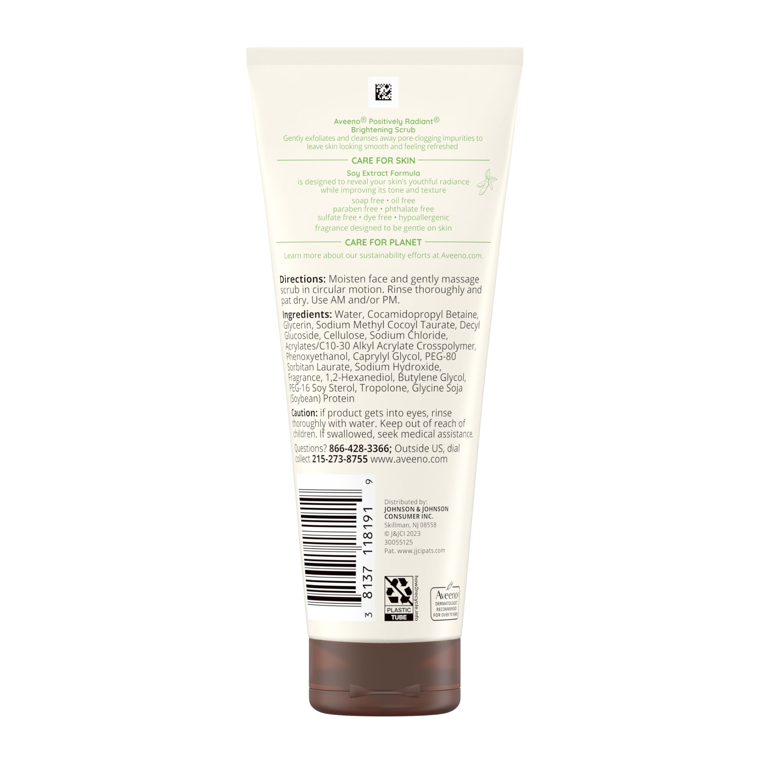 Aveeno Positively Radiant Skin Brightening Daily Facial Scrub with Moisture-Rich Soy Extract, Gently Exfoliates & Cleanses for Soft, Smooth, More Even-Toned Skin, Hypoallergenic, 7 oz