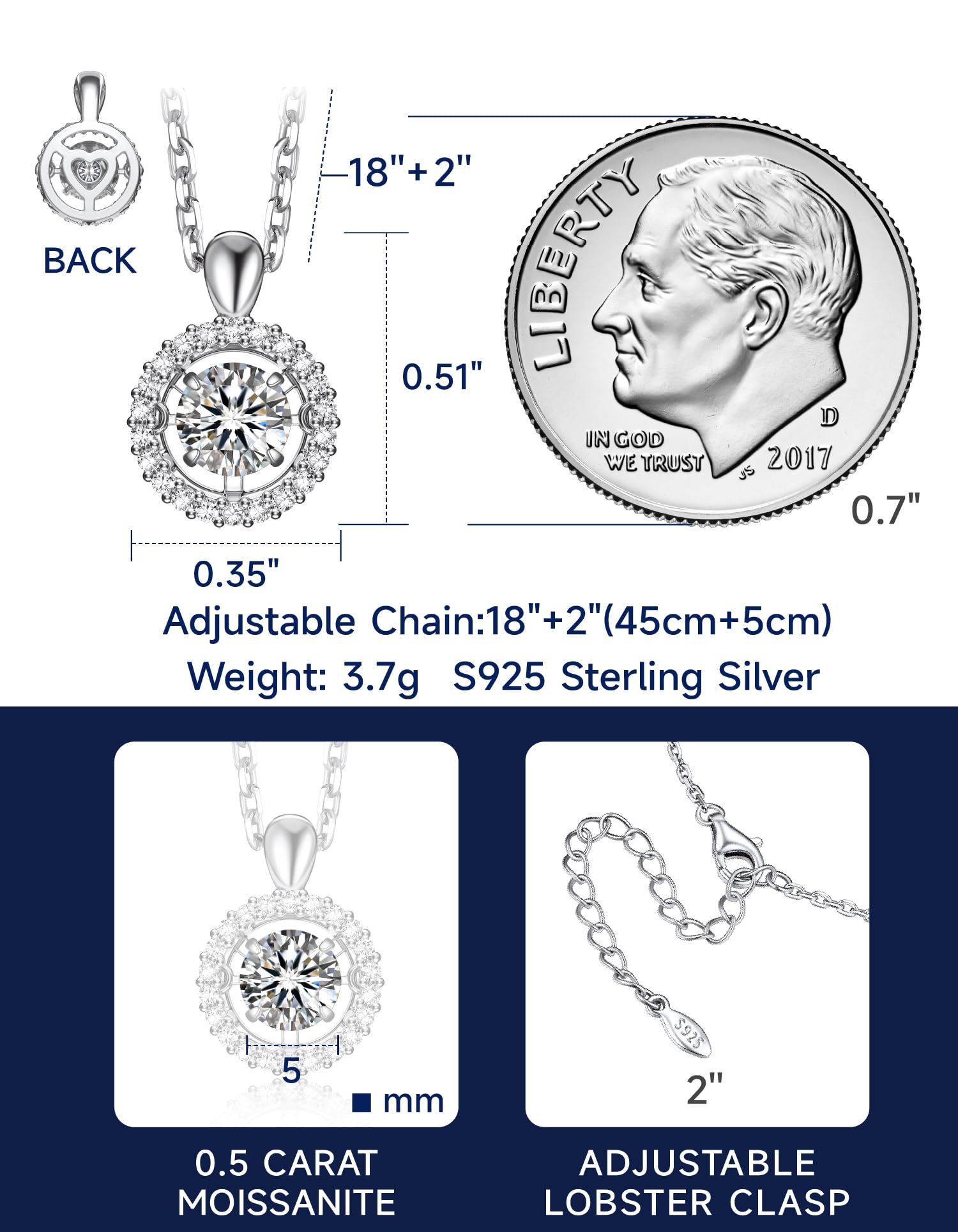 MomentWish 925 Sterling Silver Moissanite Necklace for Women 0.5Carat D Color VVS1 Moissanite Diamond Pendant Silver Accessories for Women Jewelry