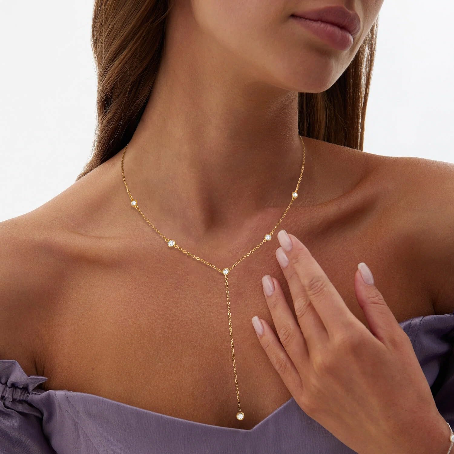 Fwlisesa Gold Necklace for Women, Dainty Long Necklace 14k Gold Plated Lariat Long Necklaces for Women Trendy Simple Statement Drop Necklace Fashion Body Chain Prom Jewelry Gold Accessories