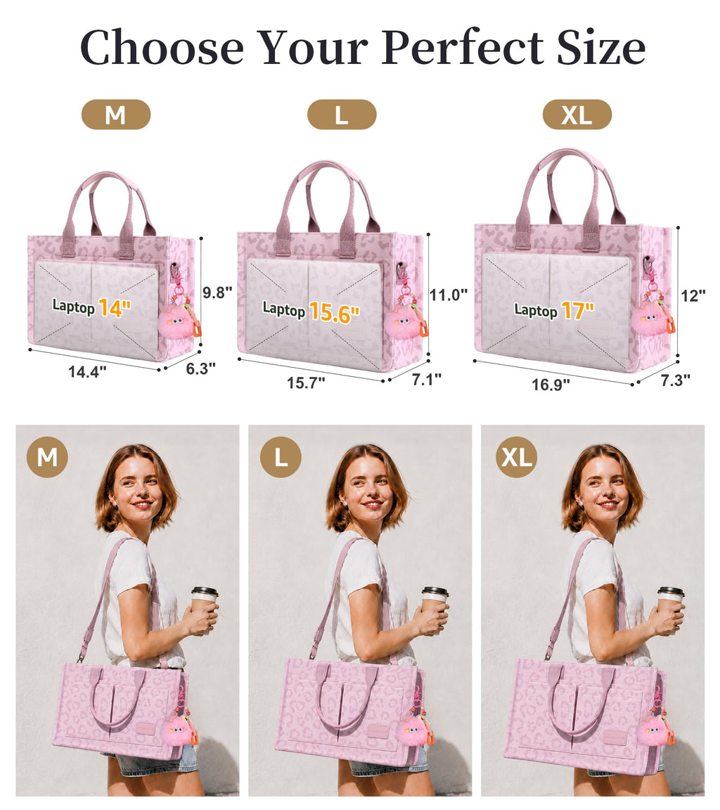 BECOJADDE Structured Canvas Tote Bag for Women, Multi-Compartment Zippered Purse for Work, Bible, Travel, Fits 14/15.6'' Laptop Leopard Pink L
