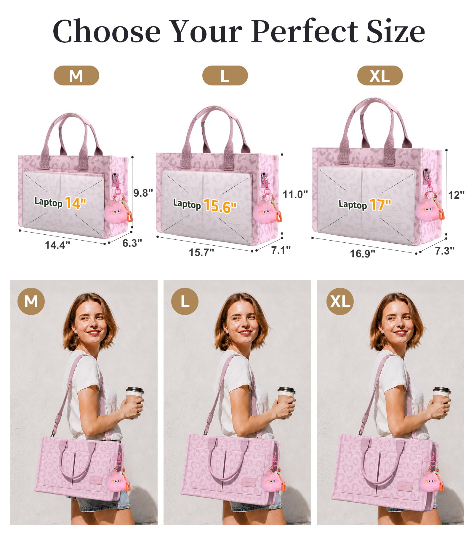 BECOJADDE Structured Canvas Tote Bag for Women, Multi-Compartment Zippered Purse for Work, Bible, Travel, Fits 14/15.6'' Laptop Leopard Pink L
