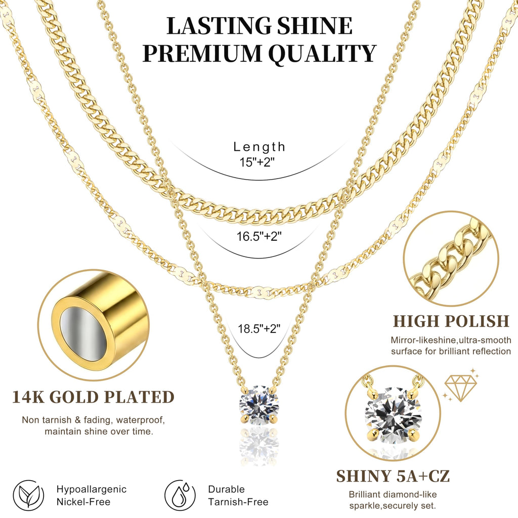 WomenGifts Layered Gold Necklaces for Women, 14K Gold Plated Dainty Cute Pendant Necklace Jewelry Set, Chunky Stackable Cuban Chain Choker Collar, Trendy Waterproof Non Tarnish Jewelry Gift for Mom